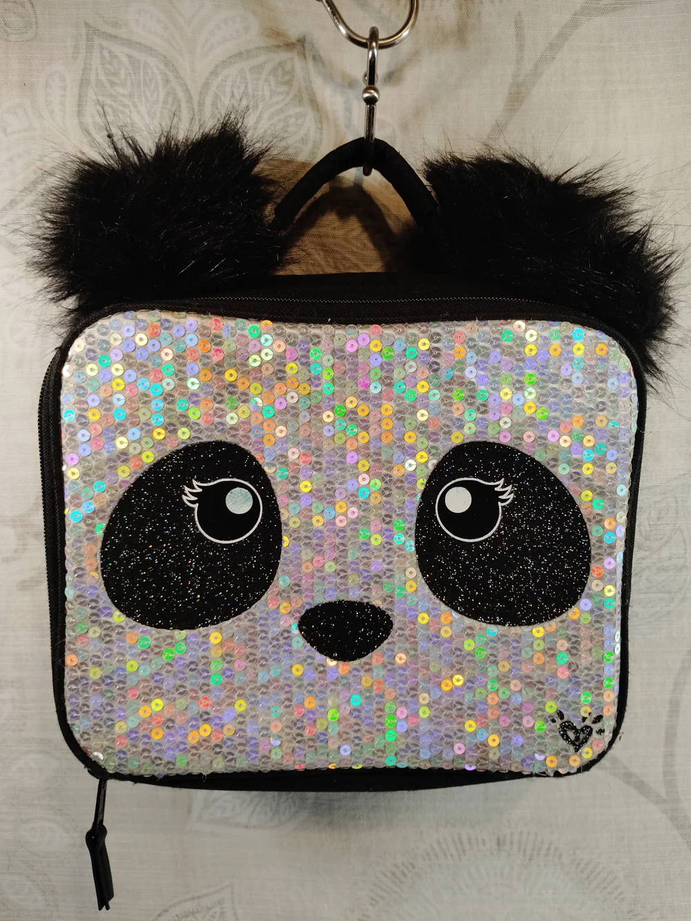 Justice Silver Sequin Panda Kids Lunch Tote Bag with Black Fur Ears